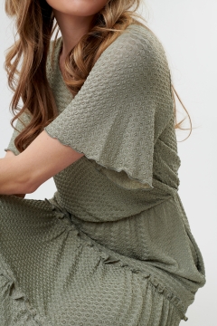 Womens green v-neck bell sleeve modest dress